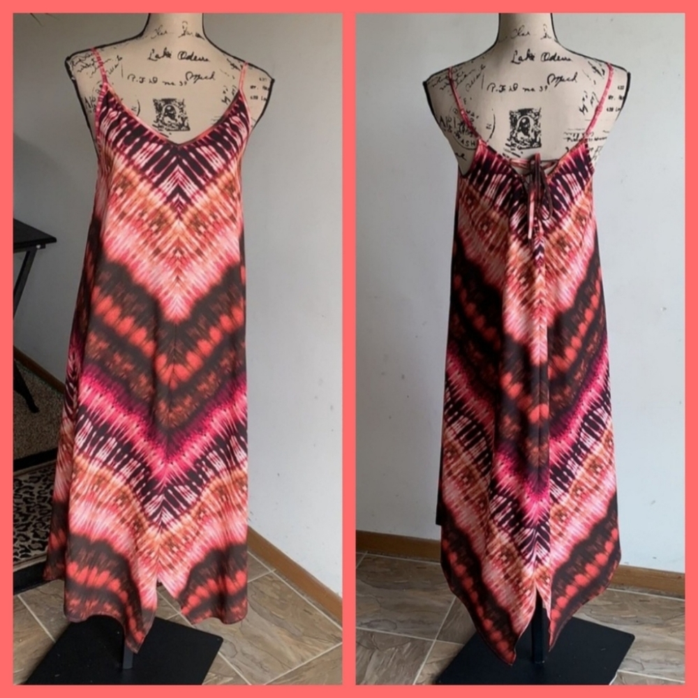prAna Pink Tie Dye Boho Midi Dress Lace Up Asymmetrical Hem Women's XS Small